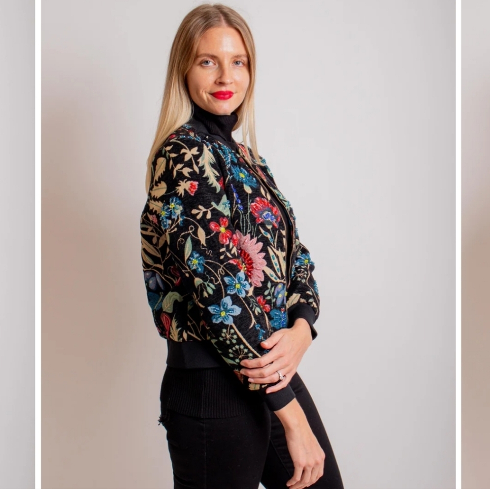A.Z.I New York Desiree Black Floral Embroidered Beaded Bomber Jacket Sz Medium - Picture 2 of 9
